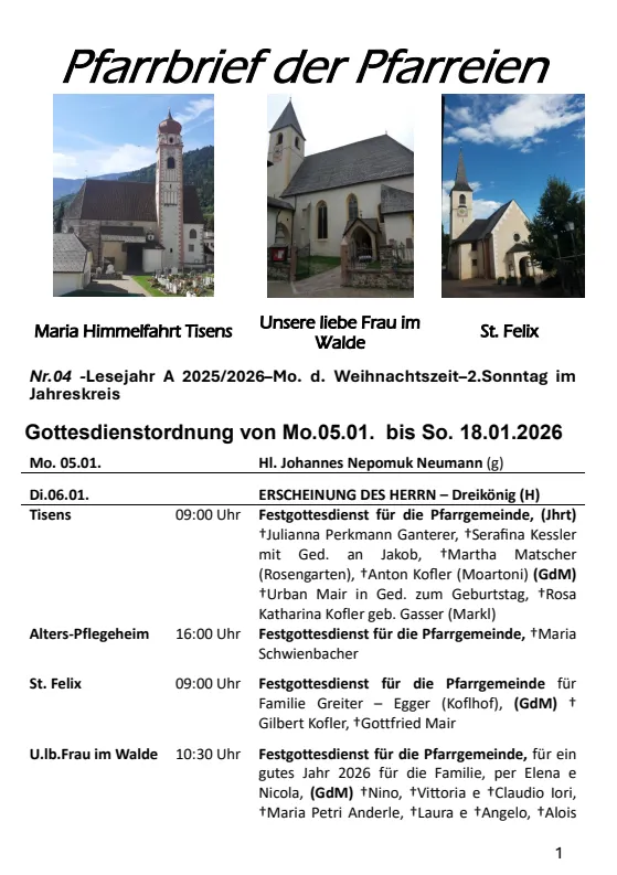 Lettera parrocchiale 05.01. - 18.01.2026