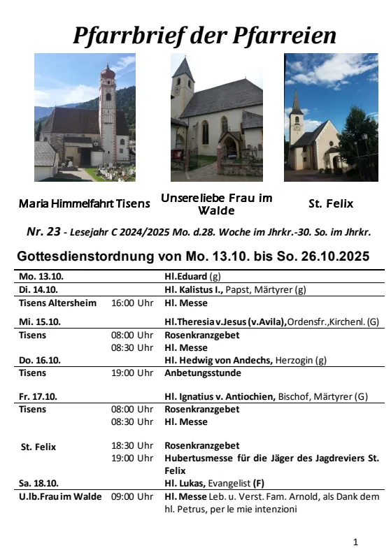 Lettera parrocchiale 13.10 - 26.10.2025